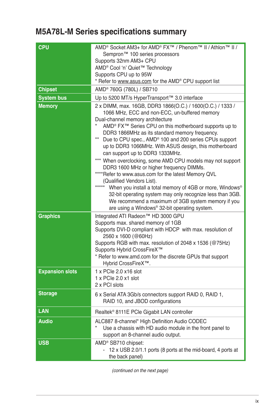 M5a78l-m series specifications summary | Asus M5A78L-M PLUS User Manual | Page 9 / 64
