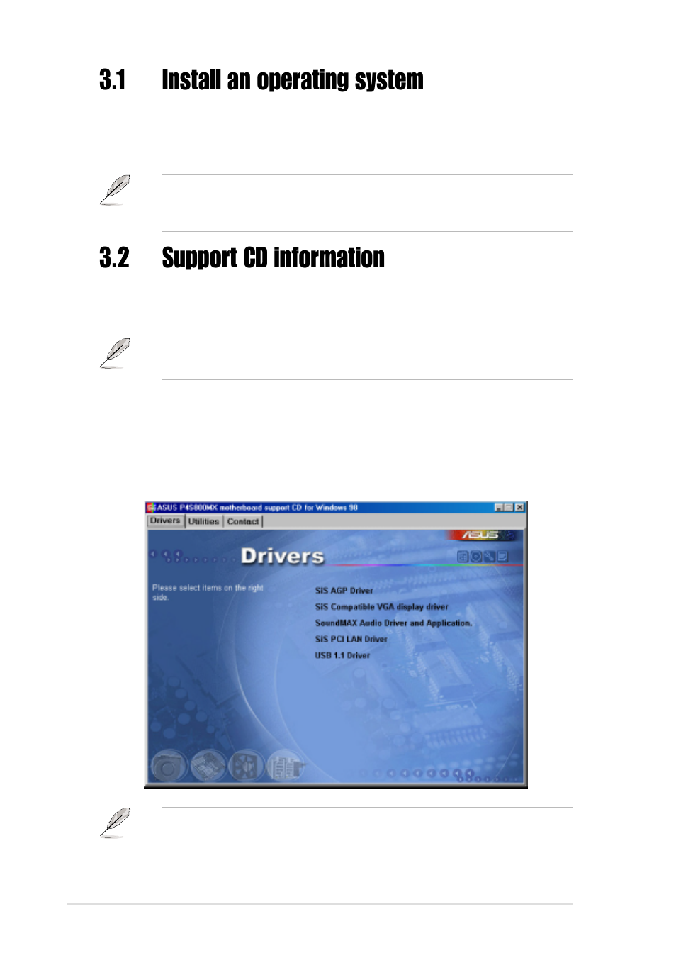 1install an operating system, 2 support cd information, 1 running the support cd | Asus P4S800-MX User Manual | Page 62 / 64