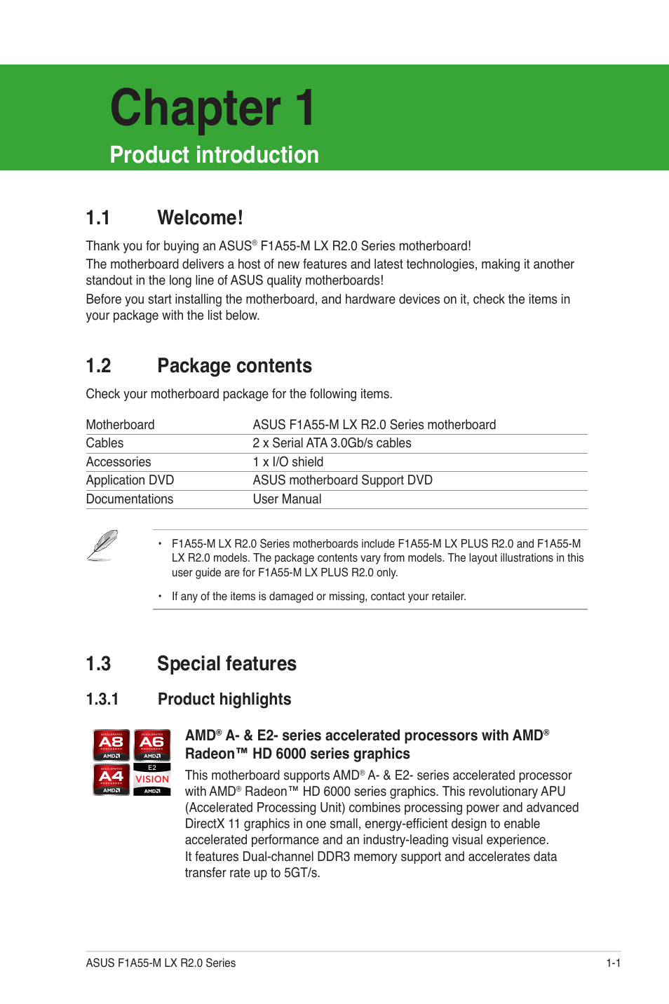 Chapter 1: product introduction, 1 welcome, 2 package contents | 3 special features, 1 product highlights, Product introduction, Welcome! -1, Package contents -1, Special features -1 1.3.1, Product highlights -1 | Asus F1A55-M LX R2.0 User Manual | Page 11 / 68