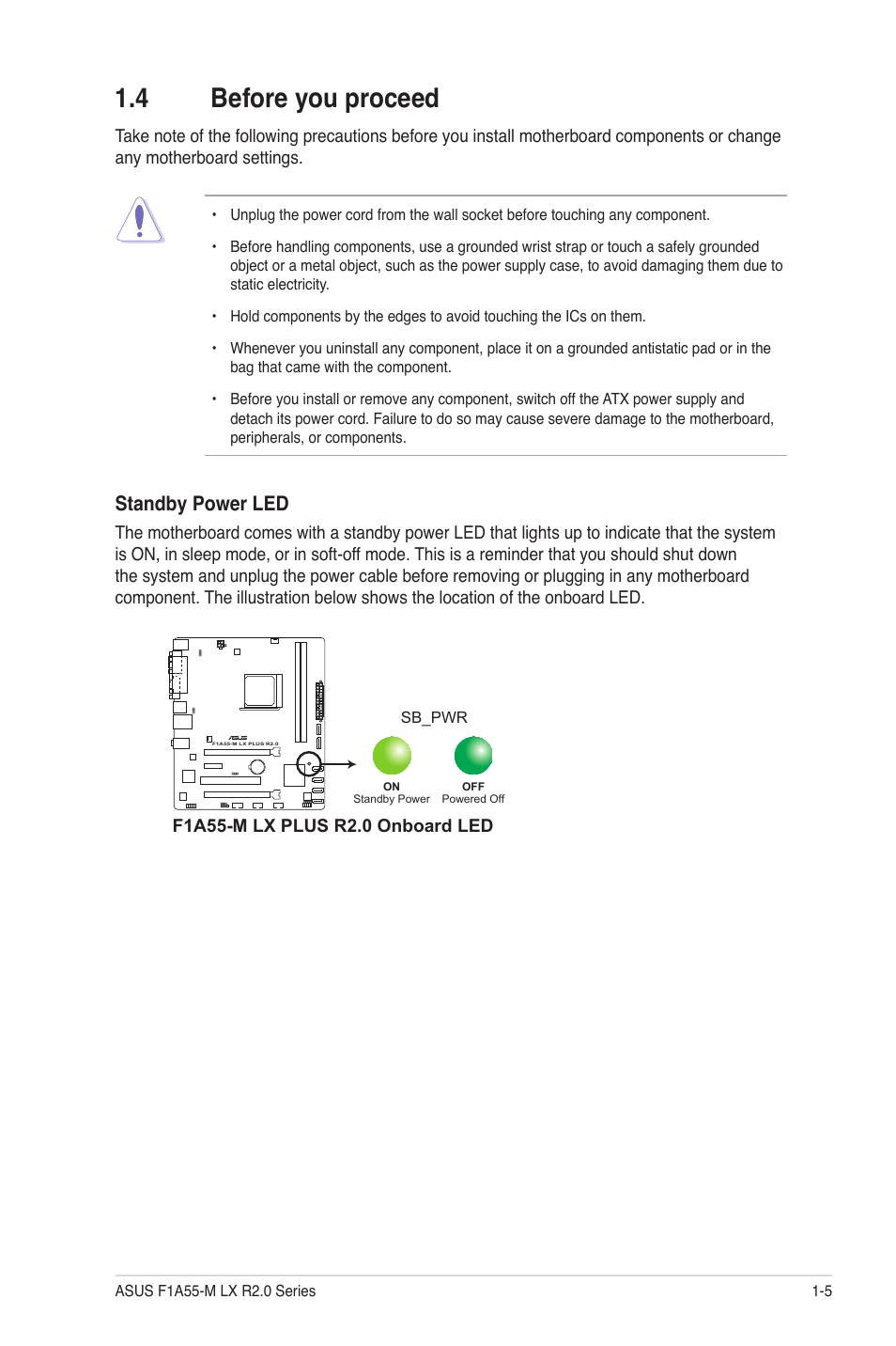 4 before you proceed, Before you proceed -5, Standby power led | Asus F1A55-M LX R2.0 User Manual | Page 15 / 68