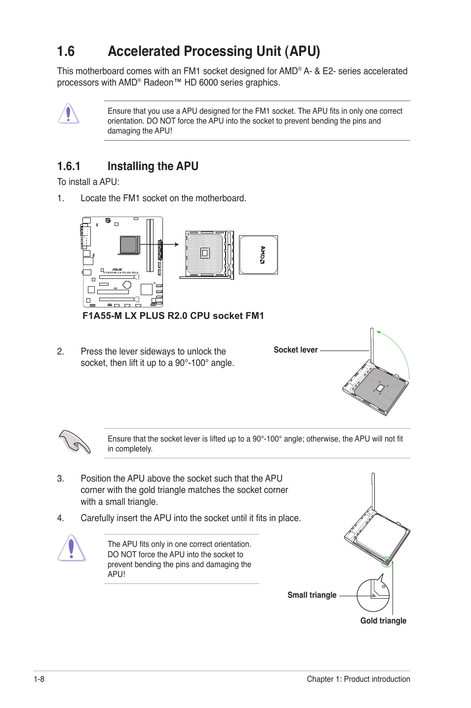 6 accelerated processing unit (apu), 1 installing the apu, Accelerated processing unit (apu) -8 1.6.1 | Installing the apu -8 | Asus F1A55-M LX R2.0 User Manual | Page 18 / 68