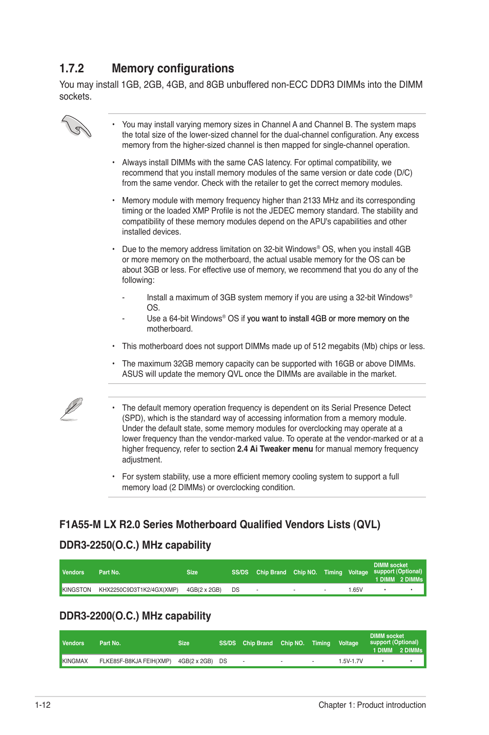 2 memory configurations, Memory configurations -12 | Asus F1A55-M LX R2.0 User Manual | Page 22 / 68