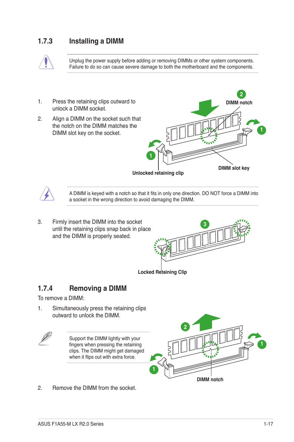 3 installing a dimm, 4 removing a dimm, Installing a dimm -17 | Removing a dimm -17 | Asus F1A55-M LX R2.0 User Manual | Page 27 / 68