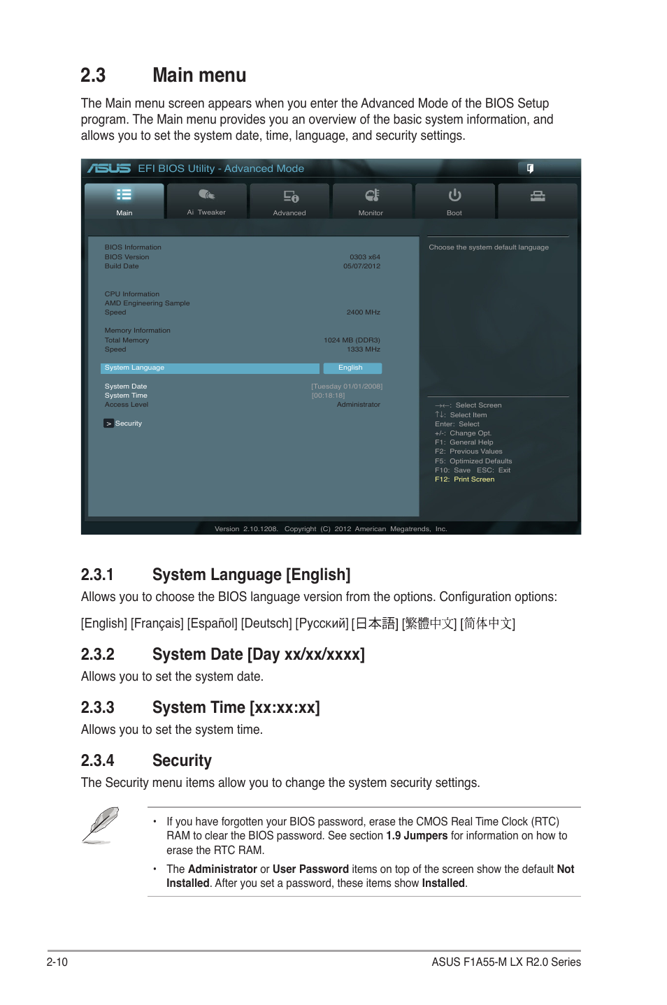 3 main menu, 1 system language [english, 2 system date [day xx/xx/xxxx | 3 system time [xx:xx:xx, 4 security, Main menu -10 2.3.1, System language [english] -10, System date [day xx/xx/xxxx] -10, System time [xx:xx:xx] -10, Security -10 | Asus F1A55-M LX R2.0 User Manual | Page 48 / 68