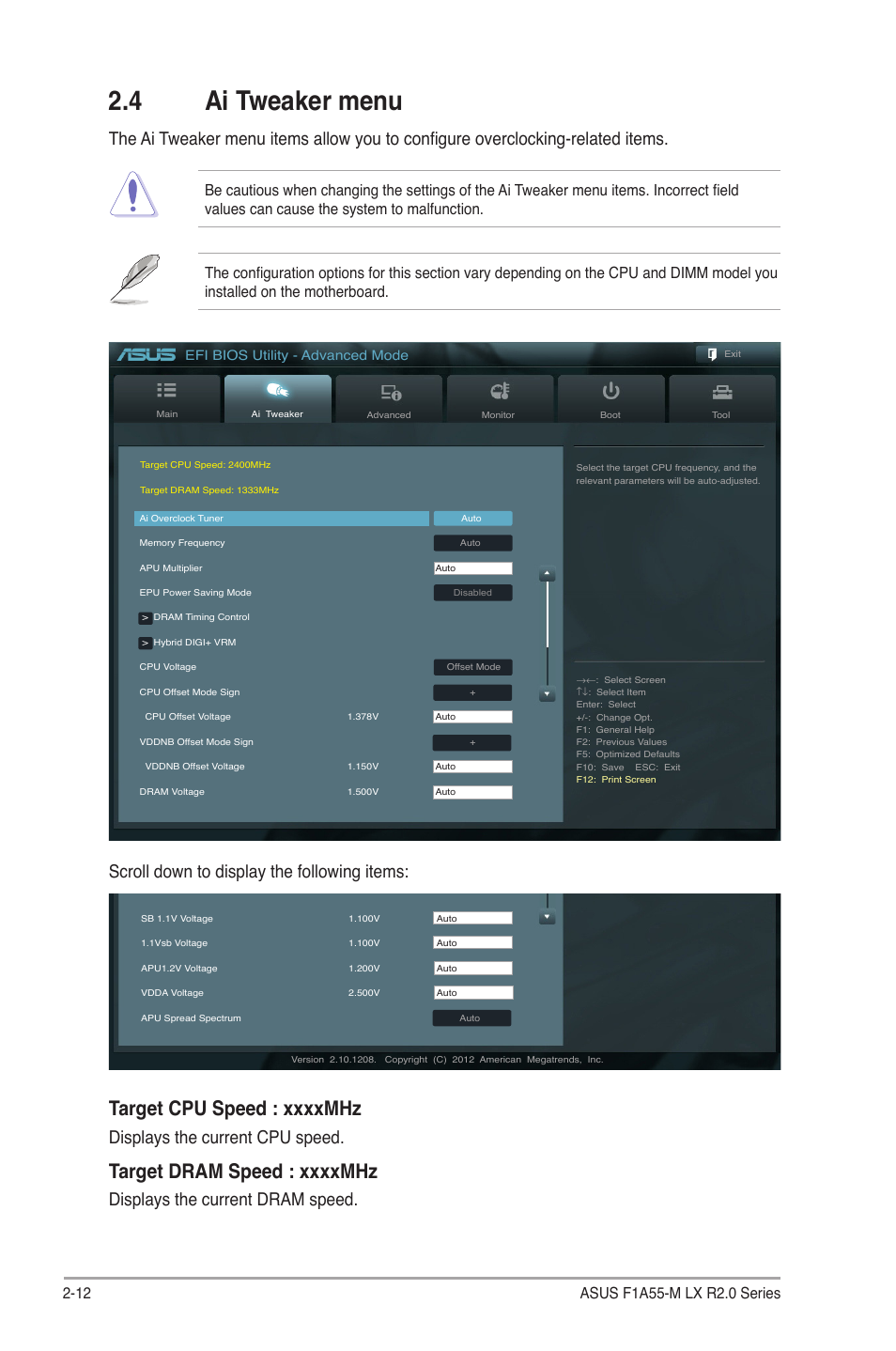 4 ai tweaker menu, Ai tweaker menu -12, Scroll down to display the following items | Displays the current cpu speed, Displays the current dram speed, Efi bios utility - advanced mode | Asus F1A55-M LX R2.0 User Manual | Page 50 / 68