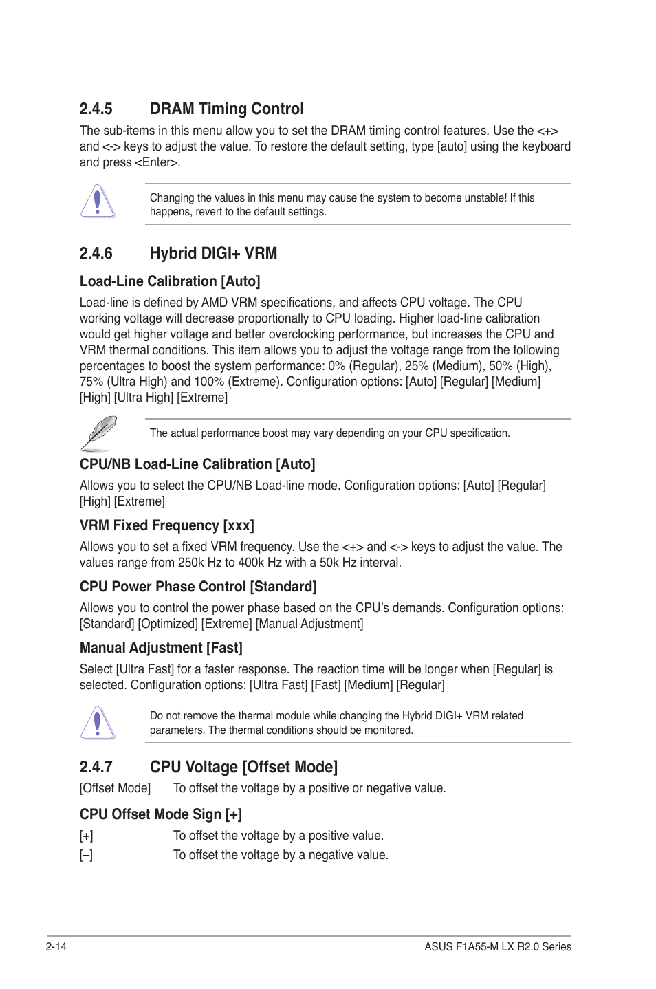 5 dram timing control, 6 hybrid digi+ vrm, 7 cpu voltage [offset mode | Dram timing control -14, Hybrid digi+ vrm -14, Cpu voltage [offset mode] -14 | Asus F1A55-M LX R2.0 User Manual | Page 52 / 68