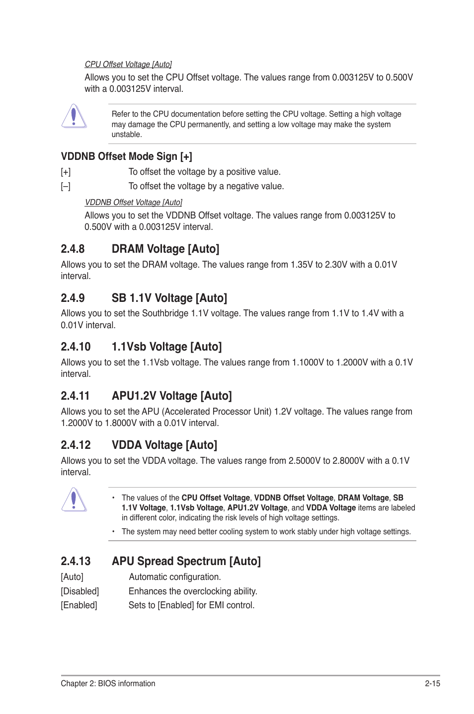 8 dram voltage [auto, 9 sb 1.1v voltage [auto, 10 1.1vsb voltage [auto | 11 apu1.2v voltage [auto, 12 vdda voltage [auto, 13 apu spread spectrum [auto, Dram voltage [auto] -15, Sb 1.1v voltage [auto] -15 | Asus F1A55-M LX R2.0 User Manual | Page 53 / 68