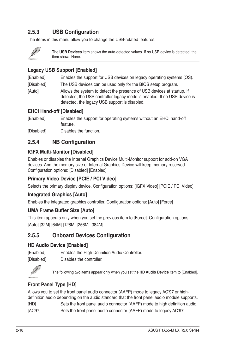 3 usb configuration, 4 nb configuration, 5 onboard devices configuration | Usb configuration -18, Nb configuration -18, Onboard devices configuration -18 | Asus F1A55-M LX R2.0 User Manual | Page 56 / 68