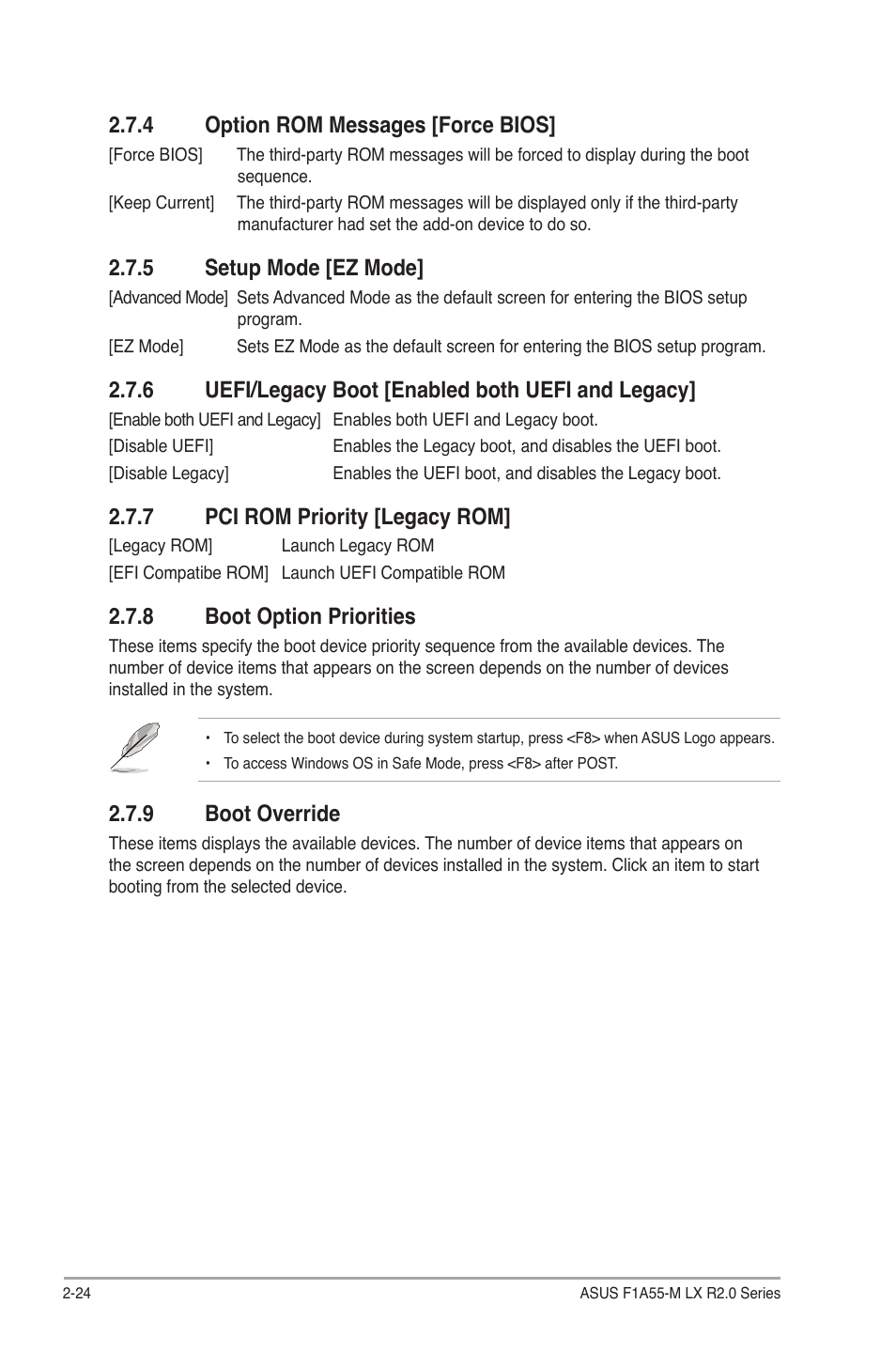 4 option rom messages [force bios, 5 setup mode [ez mode, 6 uefi/legacy boot [enabled both uefi and legacy | 7 pci rom priority [legacy rom, 8 boot option priorities, 9 boot override, Option rom messages [force bios] -24, Setup mode [ez mode] -24, Pci rom priority [legacy rom] -24, Boot option priorities -24 | Asus F1A55-M LX R2.0 User Manual | Page 62 / 68