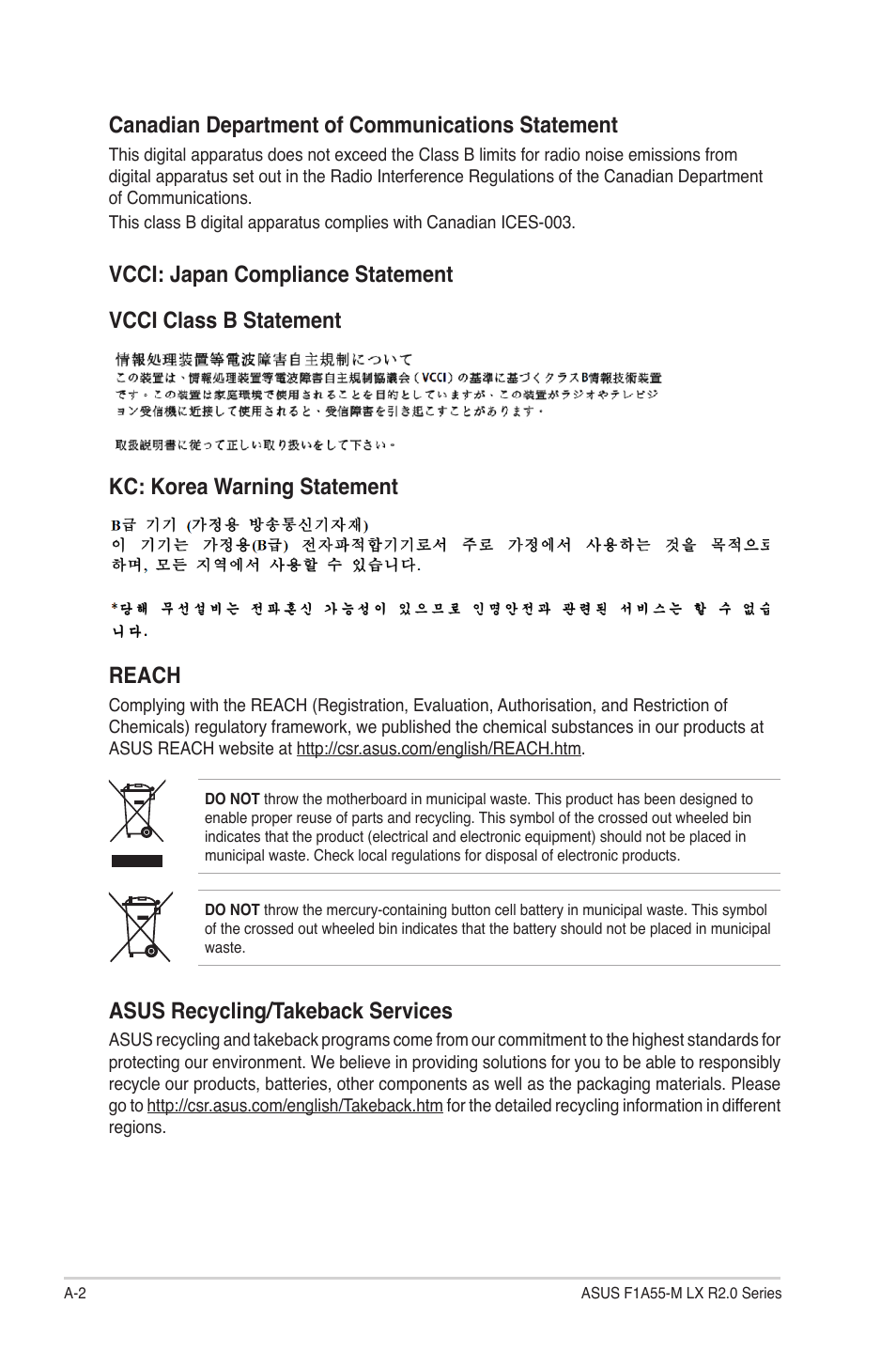 Reach, Asus recycling/takeback services | Asus F1A55-M LX R2.0 User Manual | Page 66 / 68