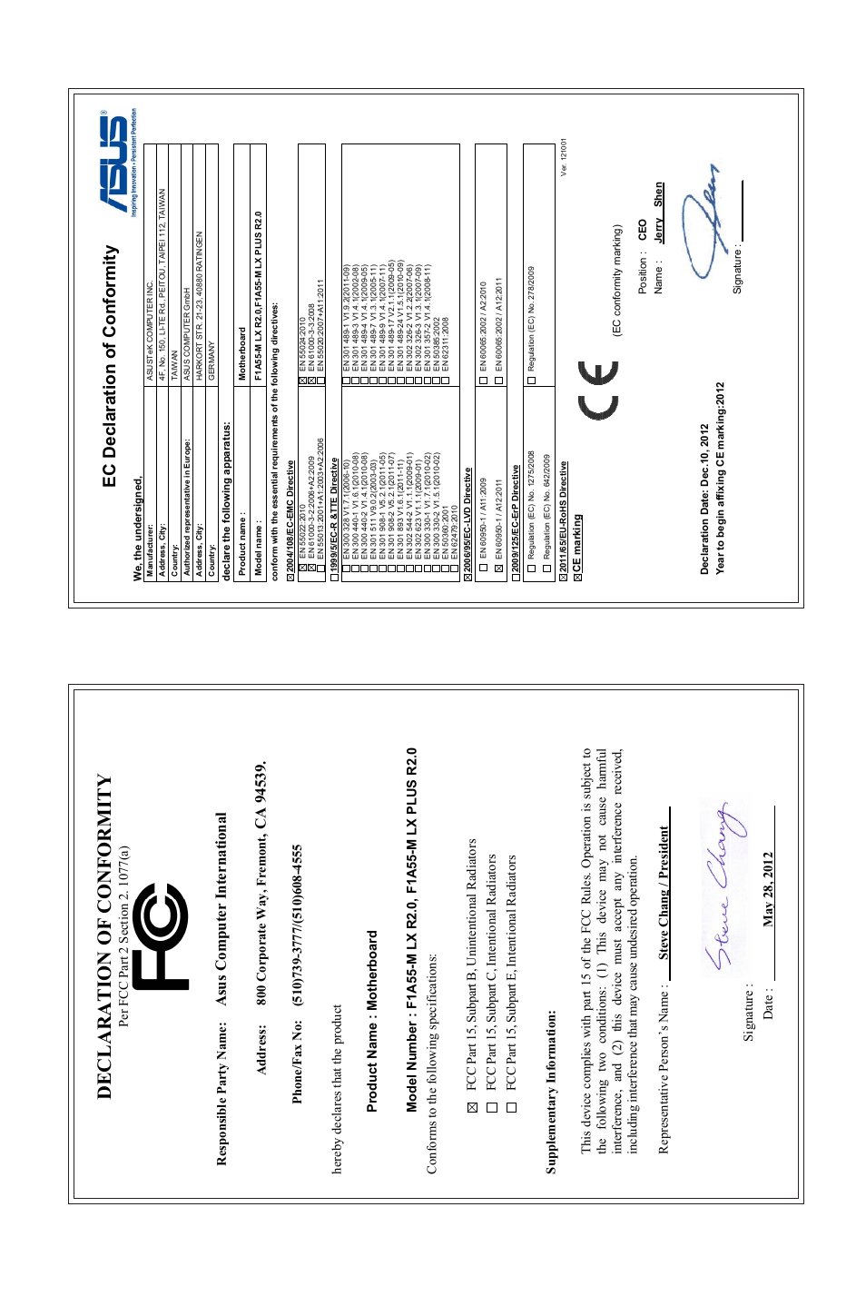 Declaration of conformity, Ec declaration of conformity, Asu s c om pu te r in te rn at io na l | Address: 800 corporate way, fremont | Asus F1A55-M LX R2.0 User Manual | Page 68 / 68