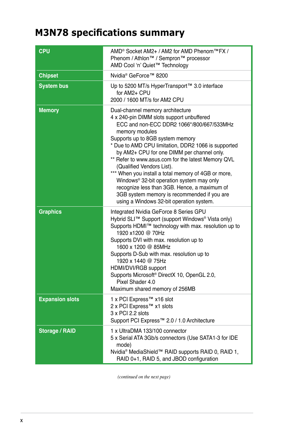 M3n78 specifications summary | Asus M3N78 User Manual | Page 10 / 100