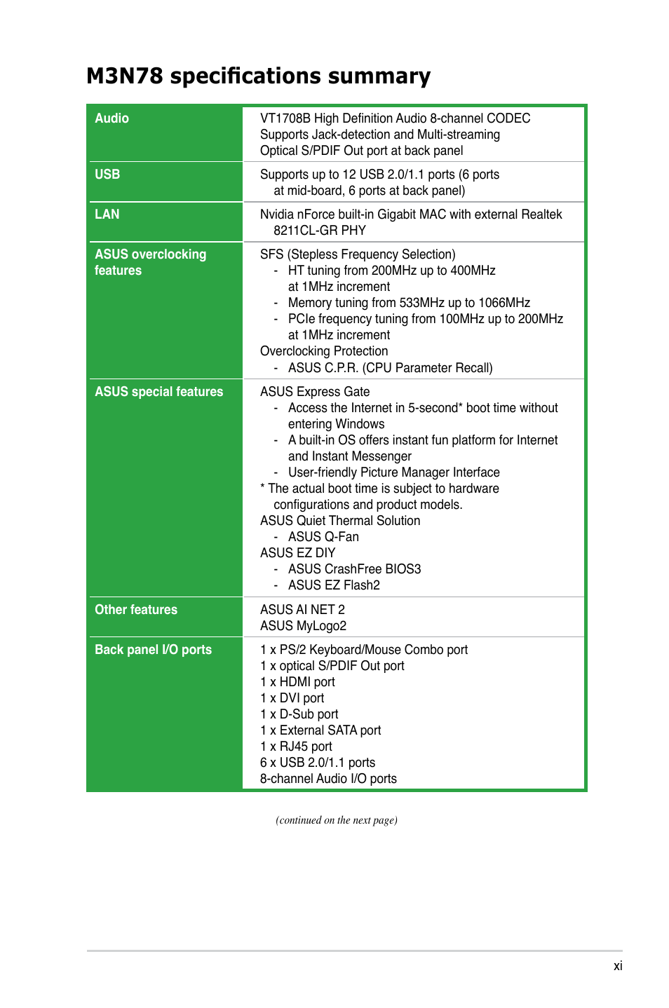 M3n78 specifications summary | Asus M3N78 User Manual | Page 11 / 100