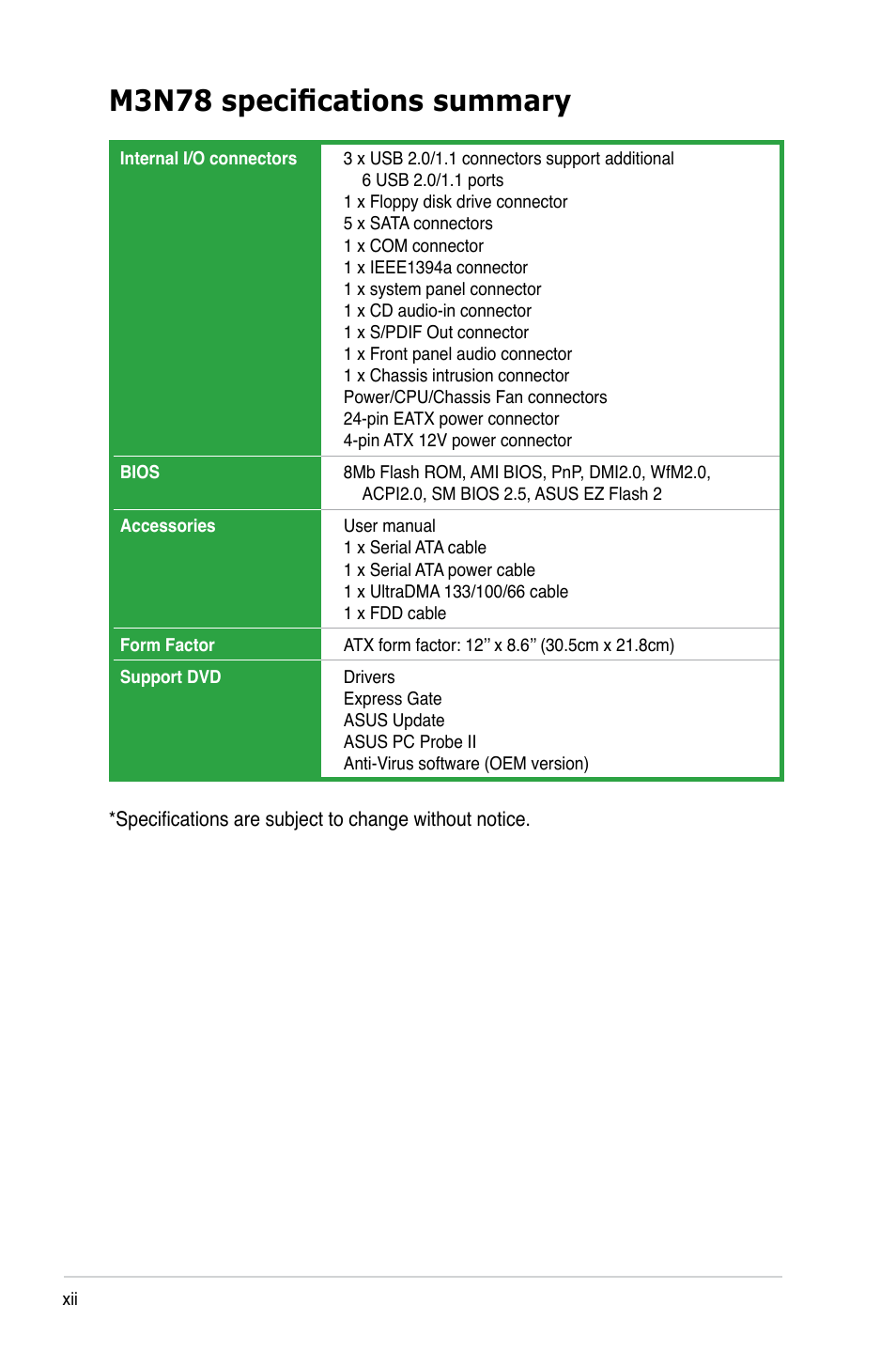 M3n78 specifications summary | Asus M3N78 User Manual | Page 12 / 100