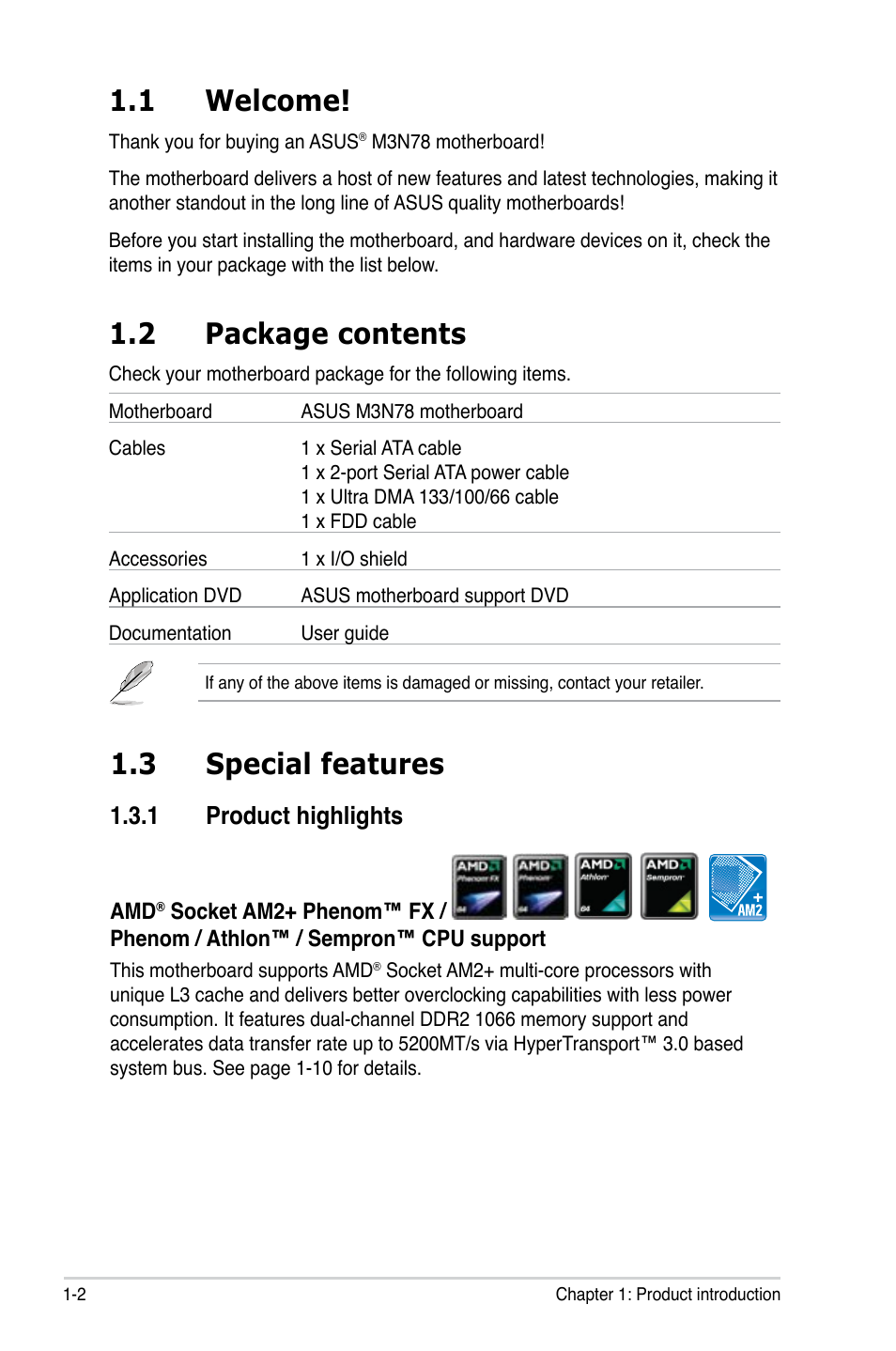 1 welcome, 2 package contents, 3 special features | 1 product highlights, Welcome! -2, Package contents -2, Special features -2 1.3.1, Product highlights -2 | Asus M3N78 User Manual | Page 14 / 100