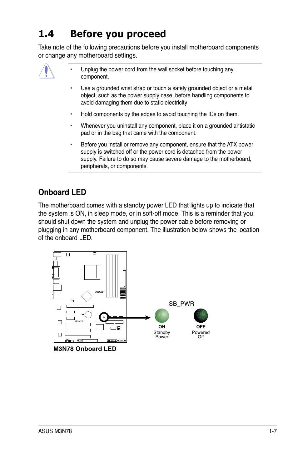 4 before you proceed, Before you proceed -7, Onboard led | Asus M3N78 User Manual | Page 19 / 100
