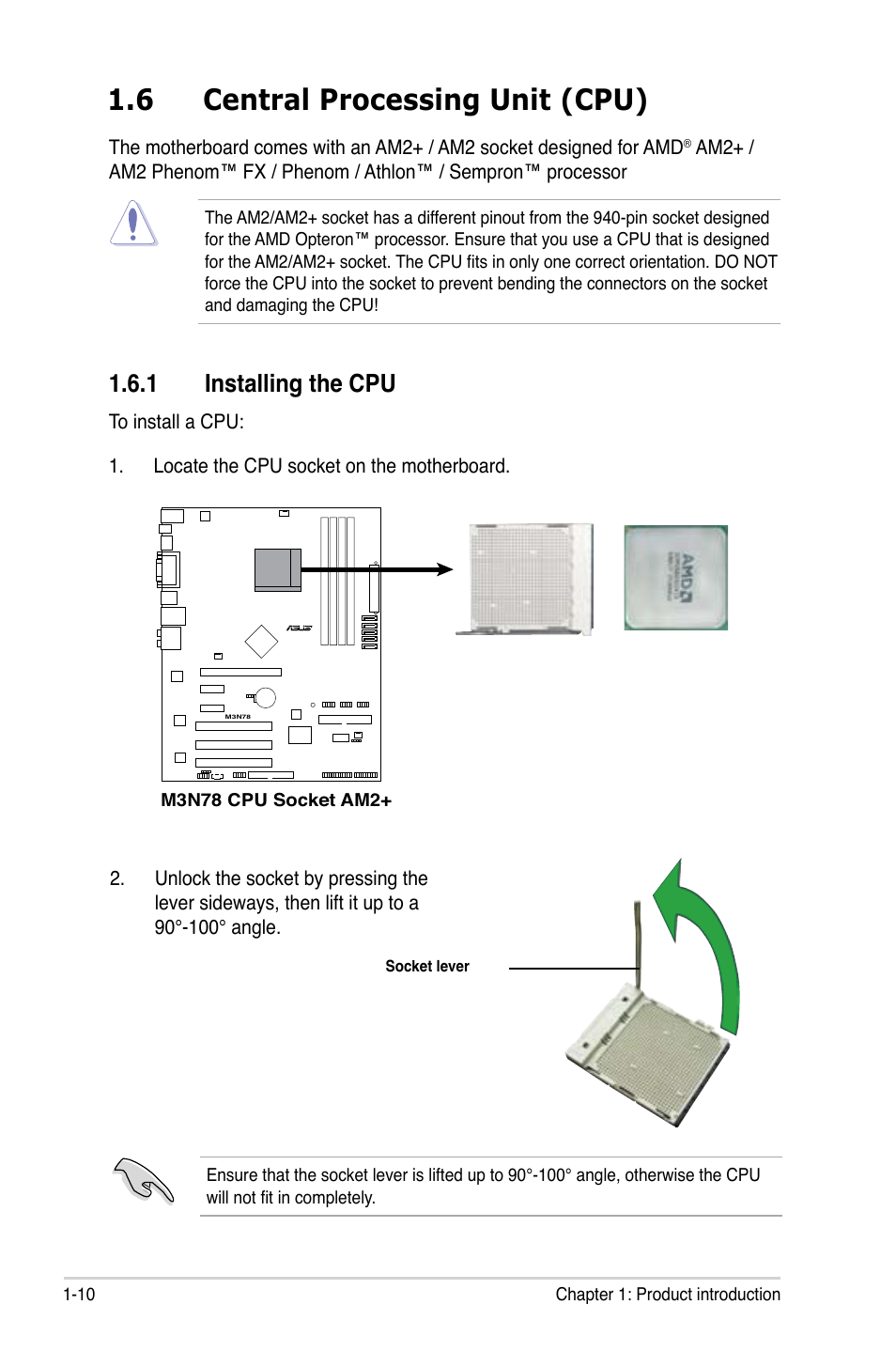 6 central processing unit (cpu), 1 installing the cpu, Central processing unit (cpu) -10 1.6.1 | Installing the cpu -10 | Asus M3N78 User Manual | Page 22 / 100