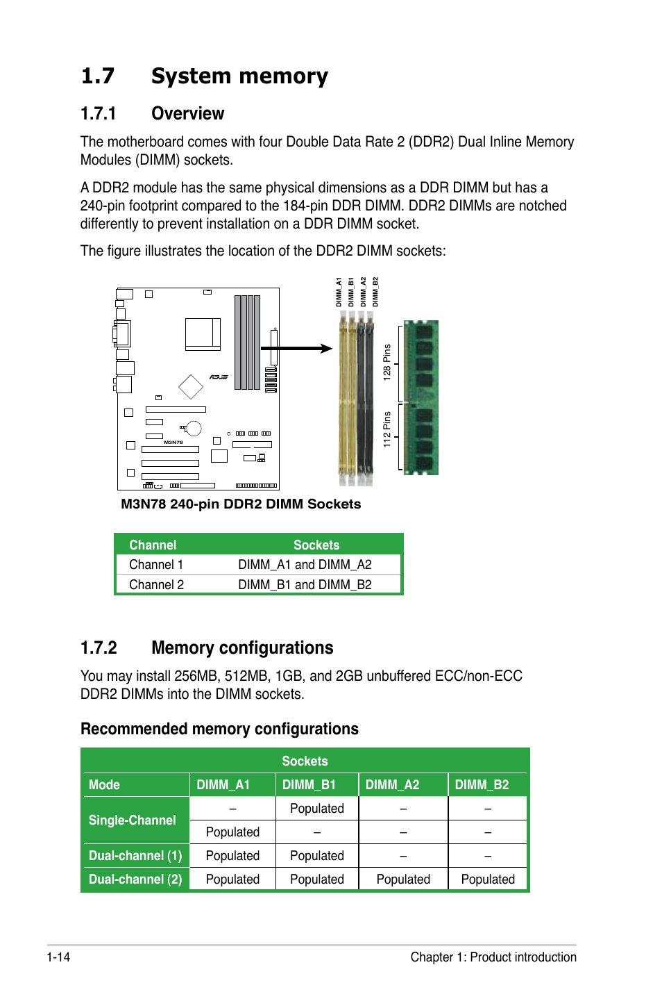 7 system memory, 1 overview, 2 memory configurations | System memory -14 1.7.1, Overview -14, Memory configurations -14 | Asus M3N78 User Manual | Page 26 / 100