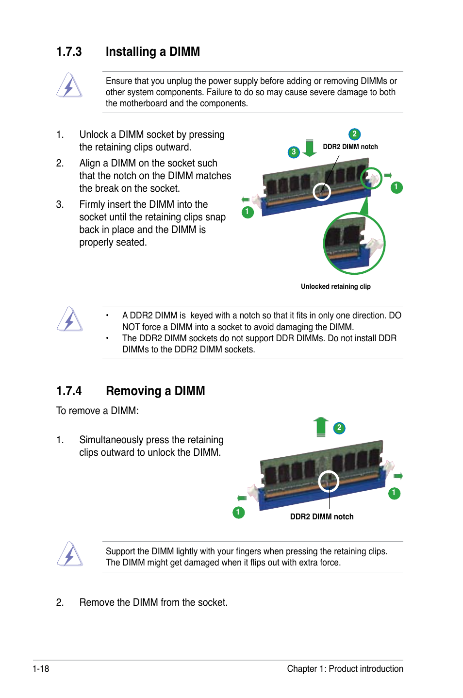 3 installing a dimm, 4 removing a dimm, Installing a dimm -18 | Removing a dimm -18 | Asus M3N78 User Manual | Page 30 / 100
