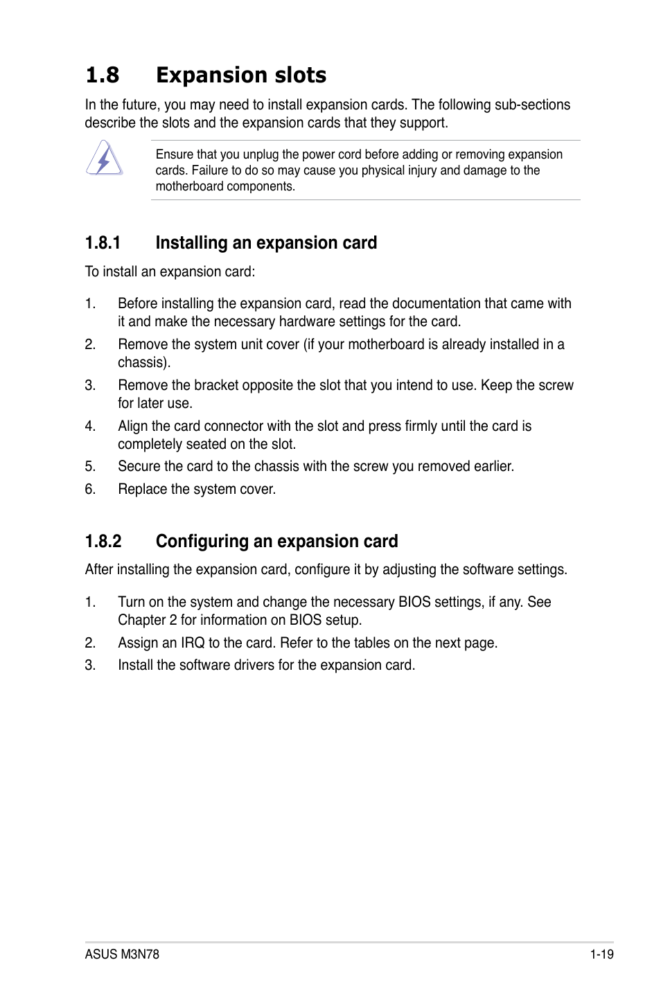 8 expansion slots, 1 installing an expansion card, 2 configuring an expansion card | Expansion slots -19 1.8.1, Installing an expansion card -19, Configuring an expansion card -19 | Asus M3N78 User Manual | Page 31 / 100