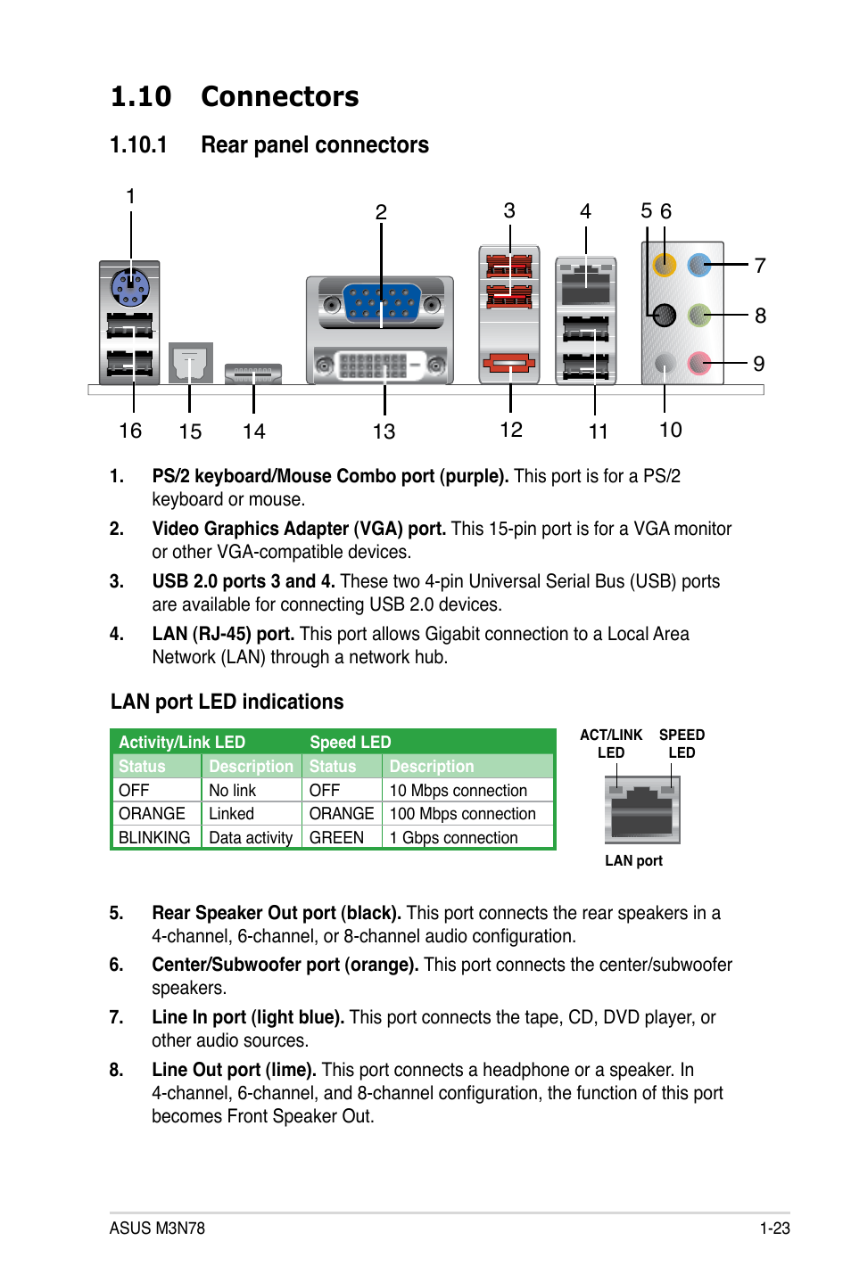 10 connectors, 1 rear panel connectors, 10 connectors -23 | 1 rear panel connectors -23 | Asus M3N78 User Manual | Page 35 / 100