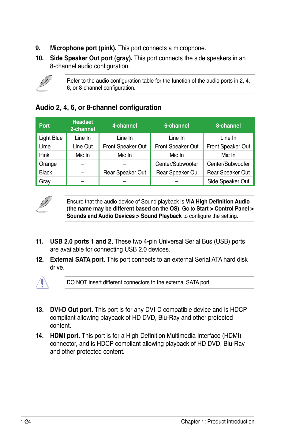 Audio 2, 4, 6, or 8-channel configuration | Asus M3N78 User Manual | Page 36 / 100