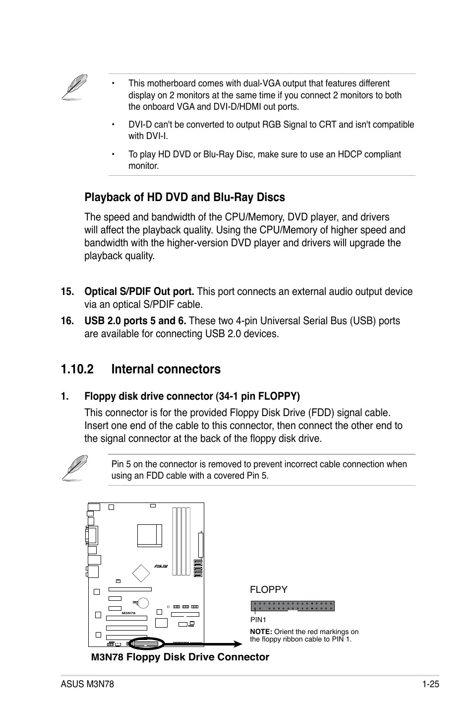 2 internal connectors, 2 internal connectors -25, Playback of hd dvd and blu-ray discs | Asus M3N78 User Manual | Page 37 / 100