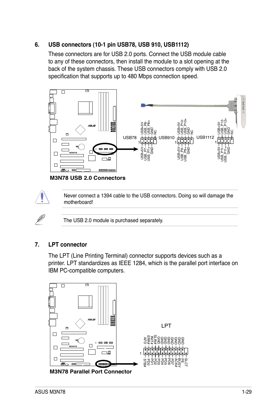 M3n78 parallel port connector lpt | Asus M3N78 User Manual | Page 41 / 100