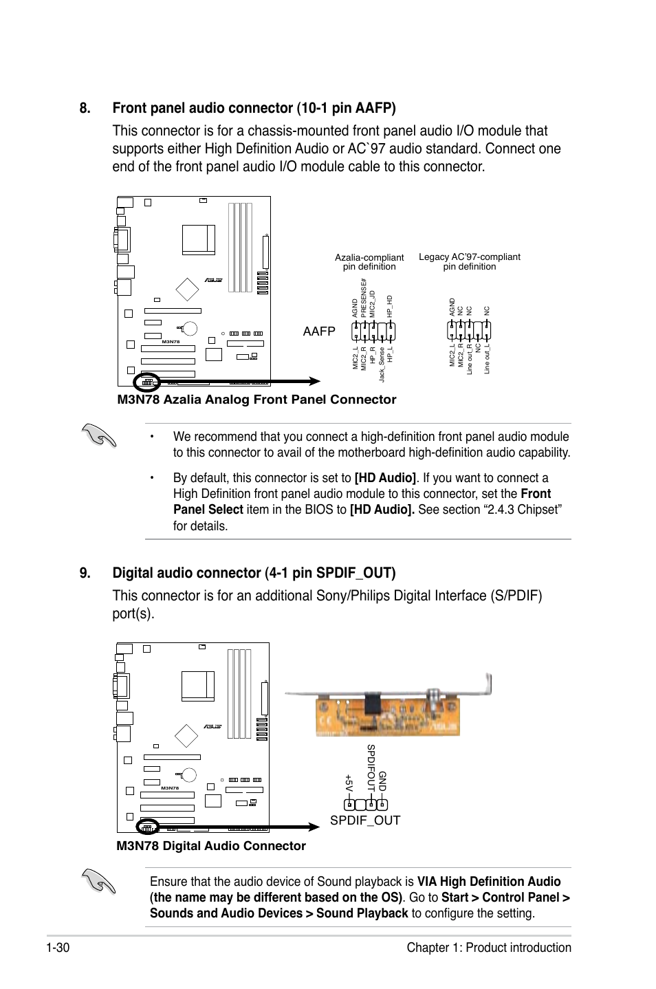 30 chapter 1: product introduction, M3n78 azalia analog front panel connector, Aafp | M3n78 digital audio connector, Spdif_out | Asus M3N78 User Manual | Page 42 / 100