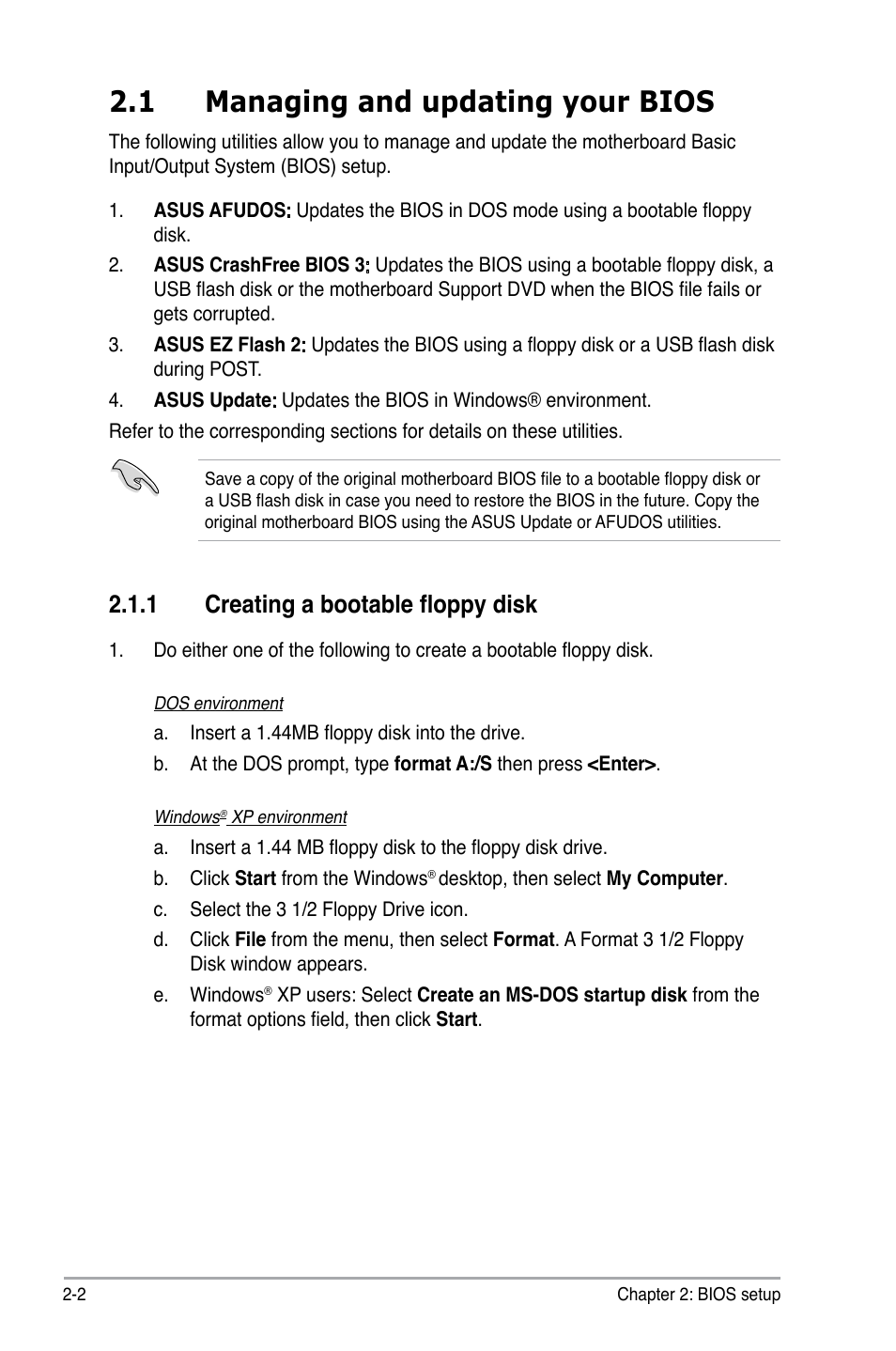 1 managing and updating your bios, 1 creating a bootable floppy disk, Managing and updating your bios -2 2.1.1 | Creating a bootable floppy disk -2 | Asus M3N78 User Manual | Page 48 / 100