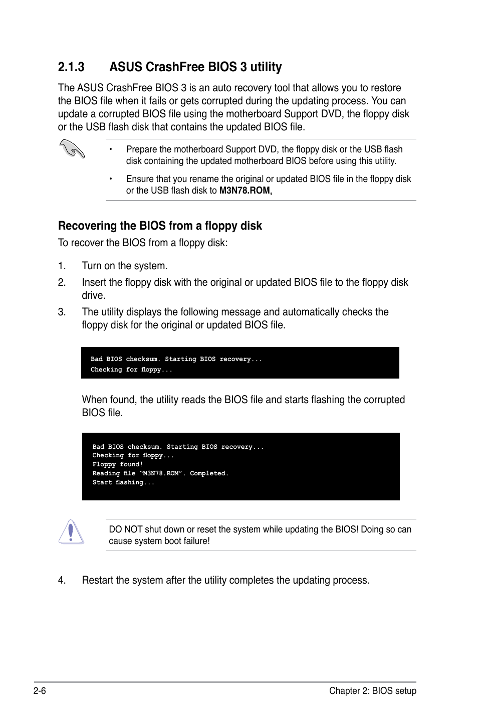 3 asus crashfree bios 3 utility, Asus crashfree bios 3 utility -6, Recovering the bios from a floppy disk | Asus M3N78 User Manual | Page 52 / 100