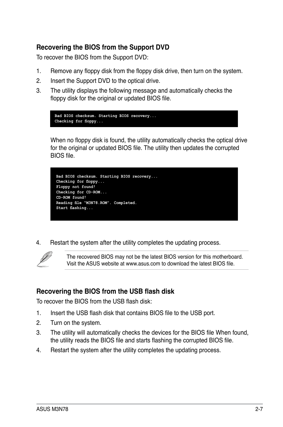 Recovering the bios from the support dvd, Recovering the bios from the usb flash disk | Asus M3N78 User Manual | Page 53 / 100