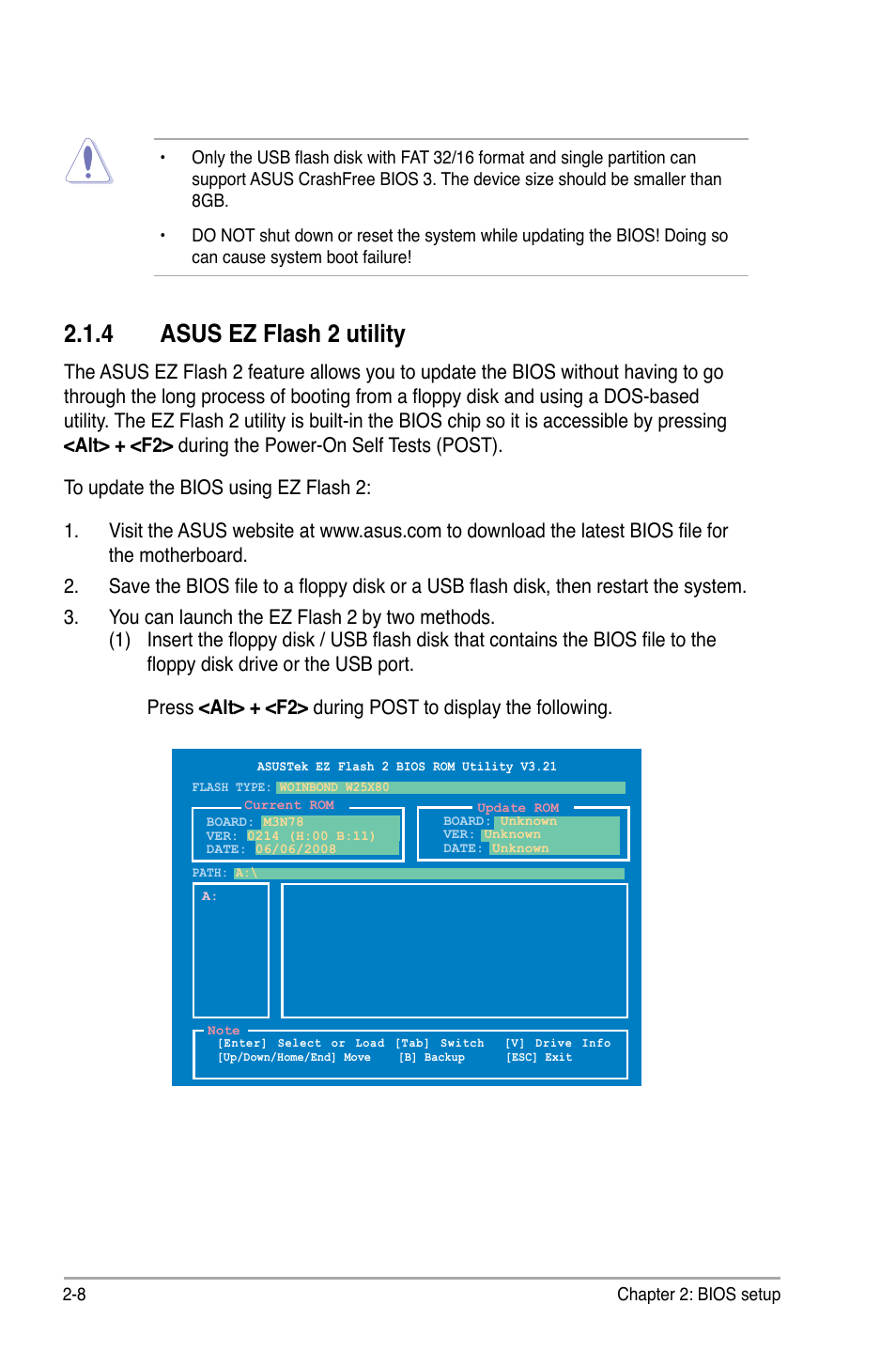 4 asus ez flash 2 utility, Asus ez flash 2 utility -8 | Asus M3N78 User Manual | Page 54 / 100