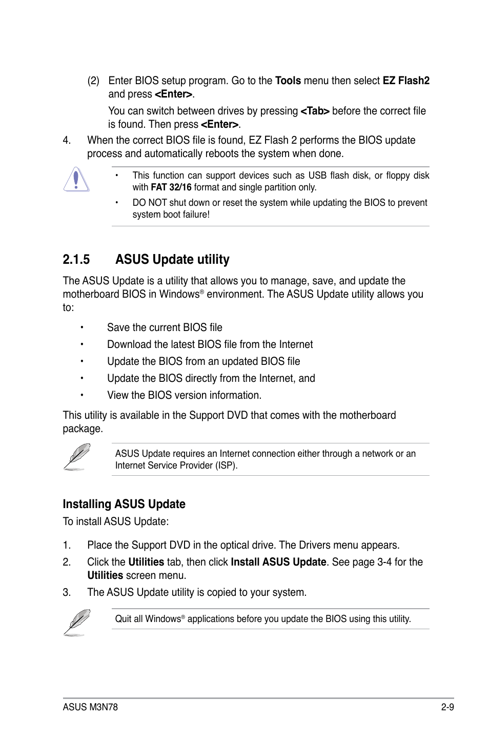 5 asus update utility, Asus update utility -9, Installing asus update | Asus M3N78 User Manual | Page 55 / 100
