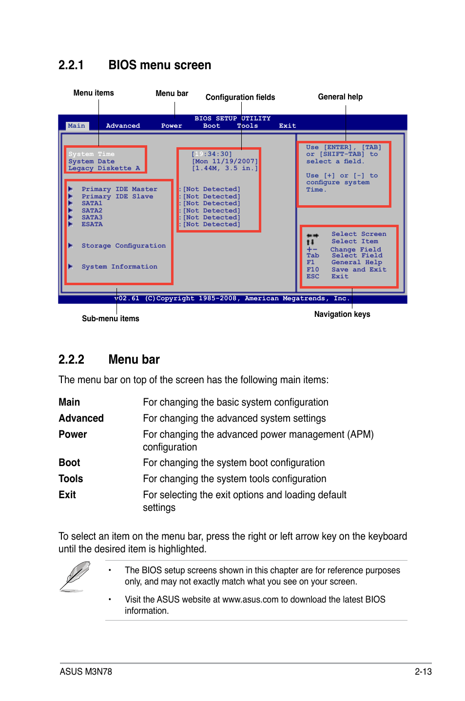 1 bios menu screen, 2 menu bar, Bios menu screen -13 | Menu bar -13, 1 bios menu screen 2.2.2 menu bar | Asus M3N78 User Manual | Page 59 / 100