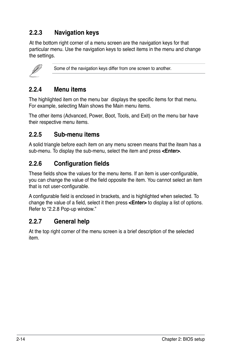 3 navigation keys, 4 menu items, 5 sub-menu items | 6 configuration fields, 7 general help, Navigation keys -14, Menu items -14, Sub-menu items -14, Configuration fields -14, General help -14 | Asus M3N78 User Manual | Page 60 / 100