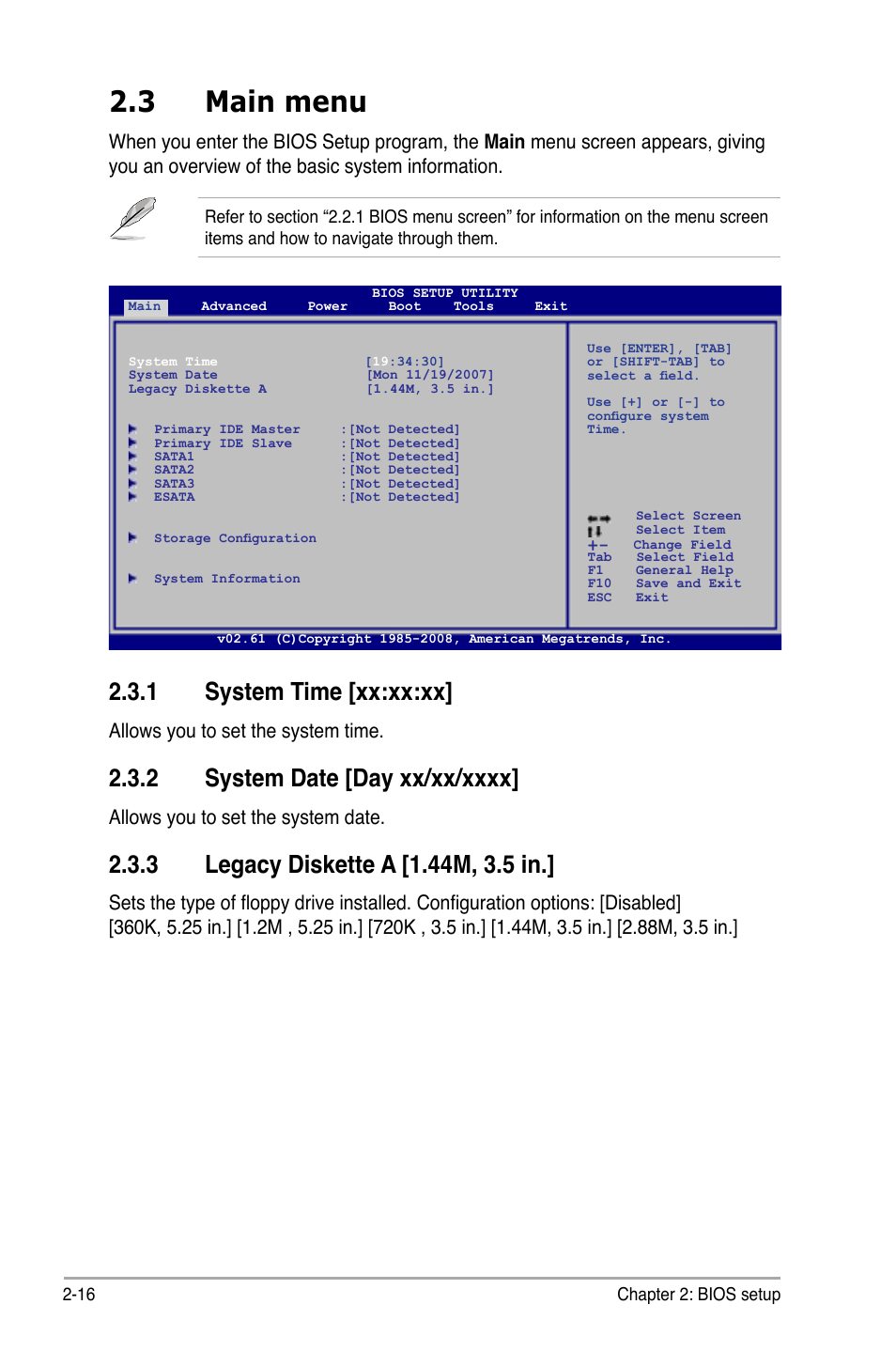 3 main menu, 1 system time, 2 system date | 3 legacy diskette a, Main menu -16 2.3.1, System time -16, System date -16, Legacy diskette a -16, 1 system time [xx:xx:xx, Allows you to set the system time | Asus M3N78 User Manual | Page 62 / 100