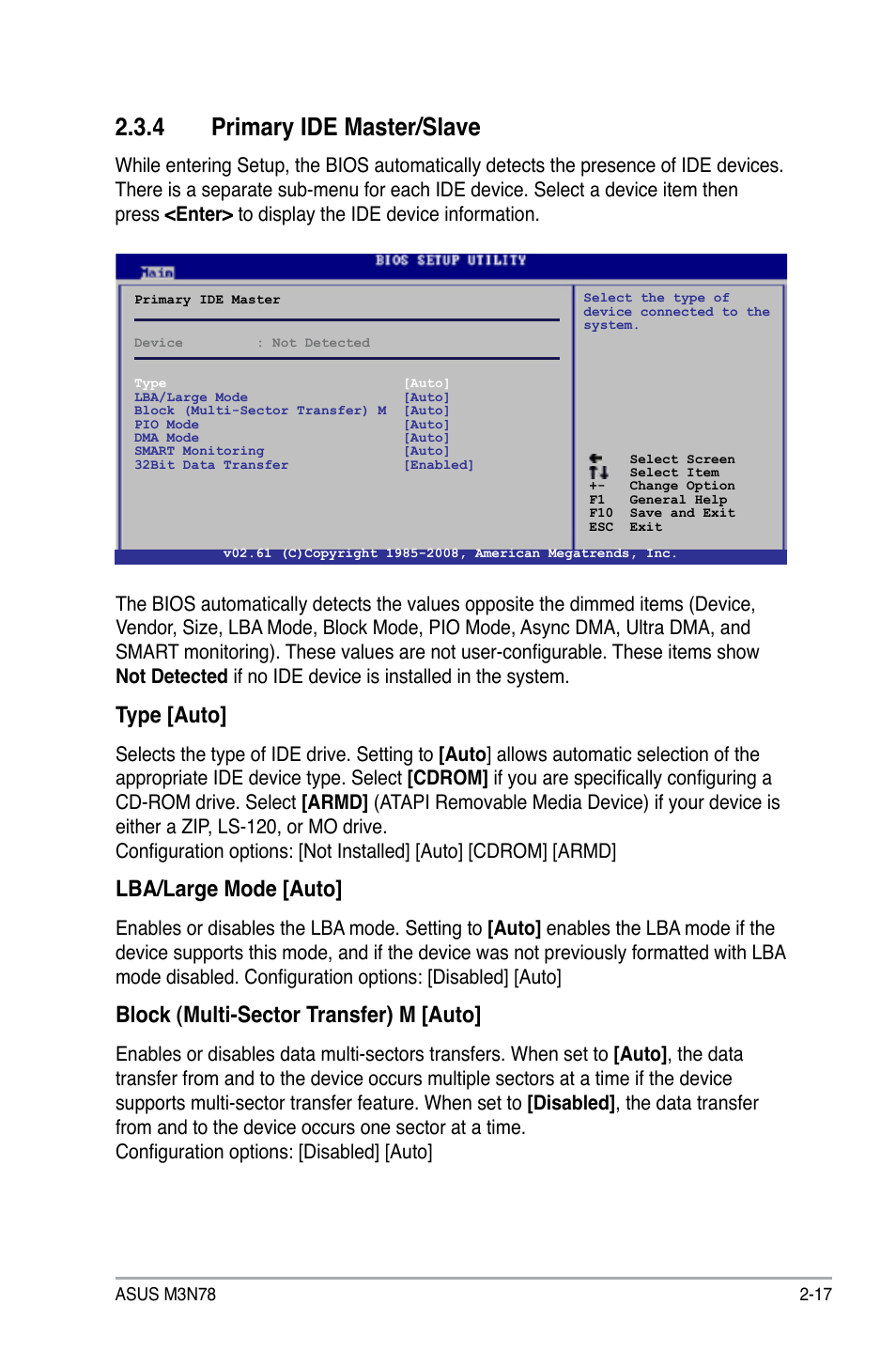 4 primary ide master/slave, Primary ide master/slave -17, Type [auto | Lba/large mode [auto, Block (multi-sector transfer) m [auto | Asus M3N78 User Manual | Page 63 / 100