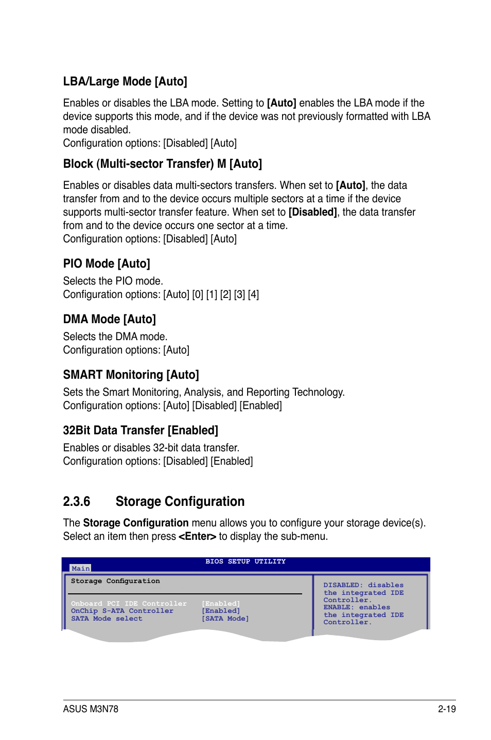 6 storage configuration, Storage configuration -19, Lba/large mode [auto | Block (multi-sector transfer) m [auto, Pio mode [auto, Dma mode [auto, Smart monitoring [auto, 32bit data transfer [enabled | Asus M3N78 User Manual | Page 65 / 100