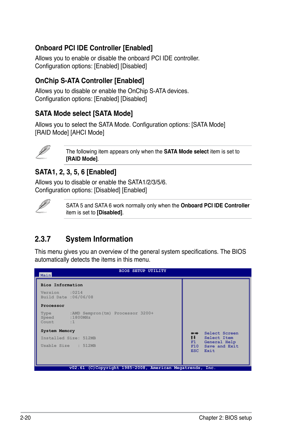 7 system information, System information -20, Onboard pci ide controller [enabled | Onchip s-ata controller [enabled, Sata mode select [sata mode | Asus M3N78 User Manual | Page 66 / 100