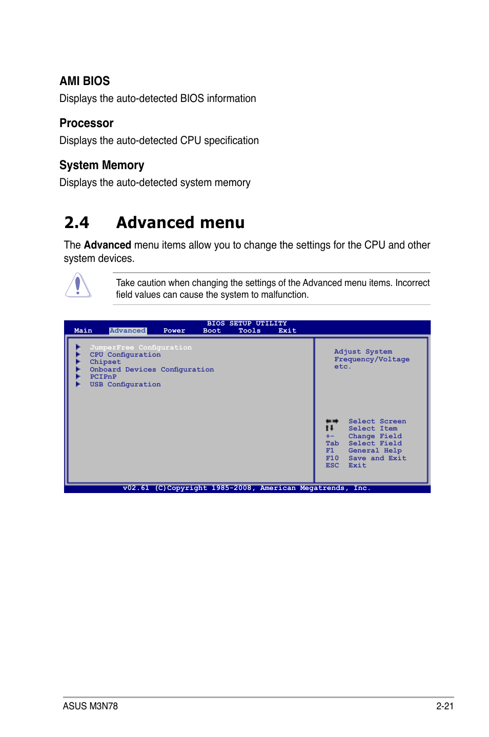 4 advanced menu, Advanced menu -21, Ami bios | Processor, Displays the auto-detected bios information, Displays the auto-detected cpu specification | Asus M3N78 User Manual | Page 67 / 100
