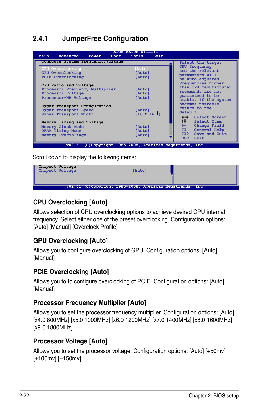 1 jumperfree configuration, Jumperfree configuration -22, Cpu overclocking [auto | Gpu overclocking [auto, Pcie overclocking [auto, Processor frequency multiplier [auto, Processor voltage [auto, Scroll down to display the following items | Asus M3N78 User Manual | Page 68 / 100