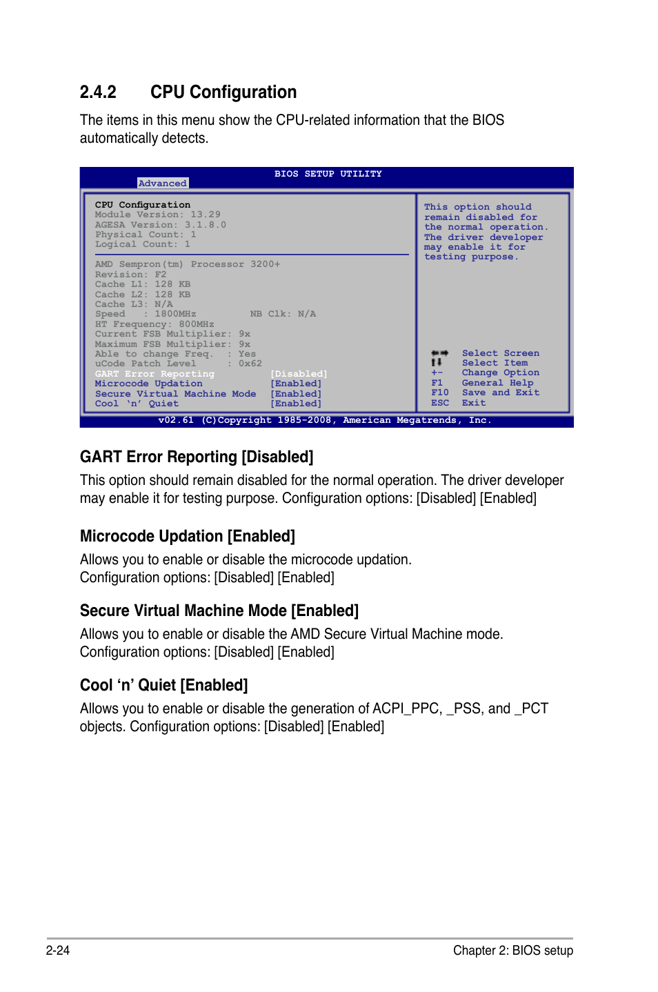 2 cpu configuration, Cpu configuration -24, Gart error reporting [disabled | Microcode updation [enabled, Secure virtual machine mode [enabled, Cool ‘n’ quiet [enabled | Asus M3N78 User Manual | Page 70 / 100