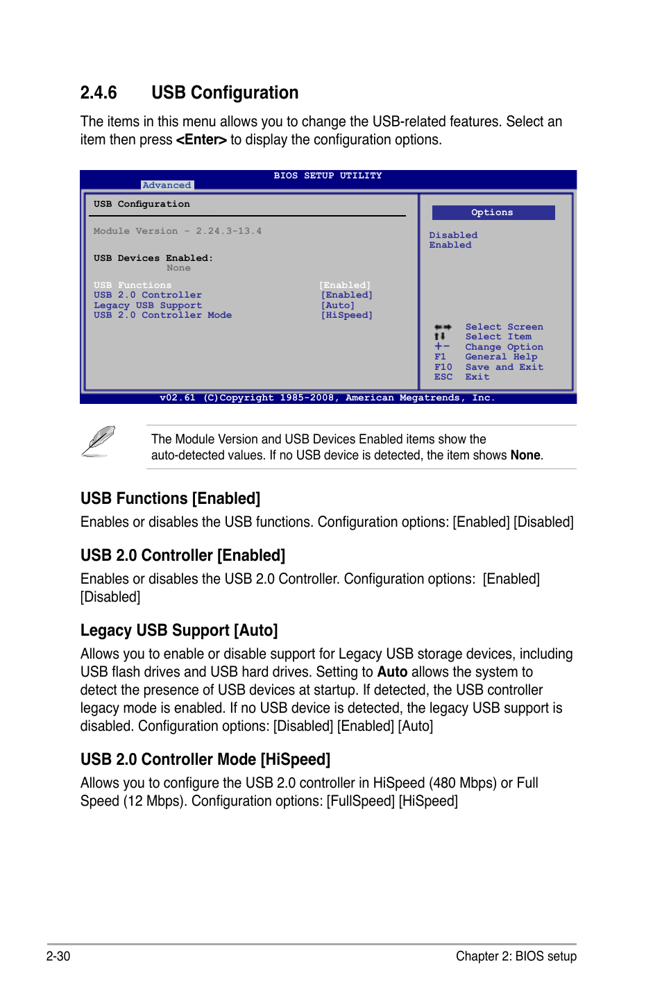 6 usb configuration, Usb configuration -30, Usb functions [enabled | Usb 2.0 controller [enabled, Legacy usb support [auto, Usb 2.0 controller mode [hispeed | Asus M3N78 User Manual | Page 76 / 100