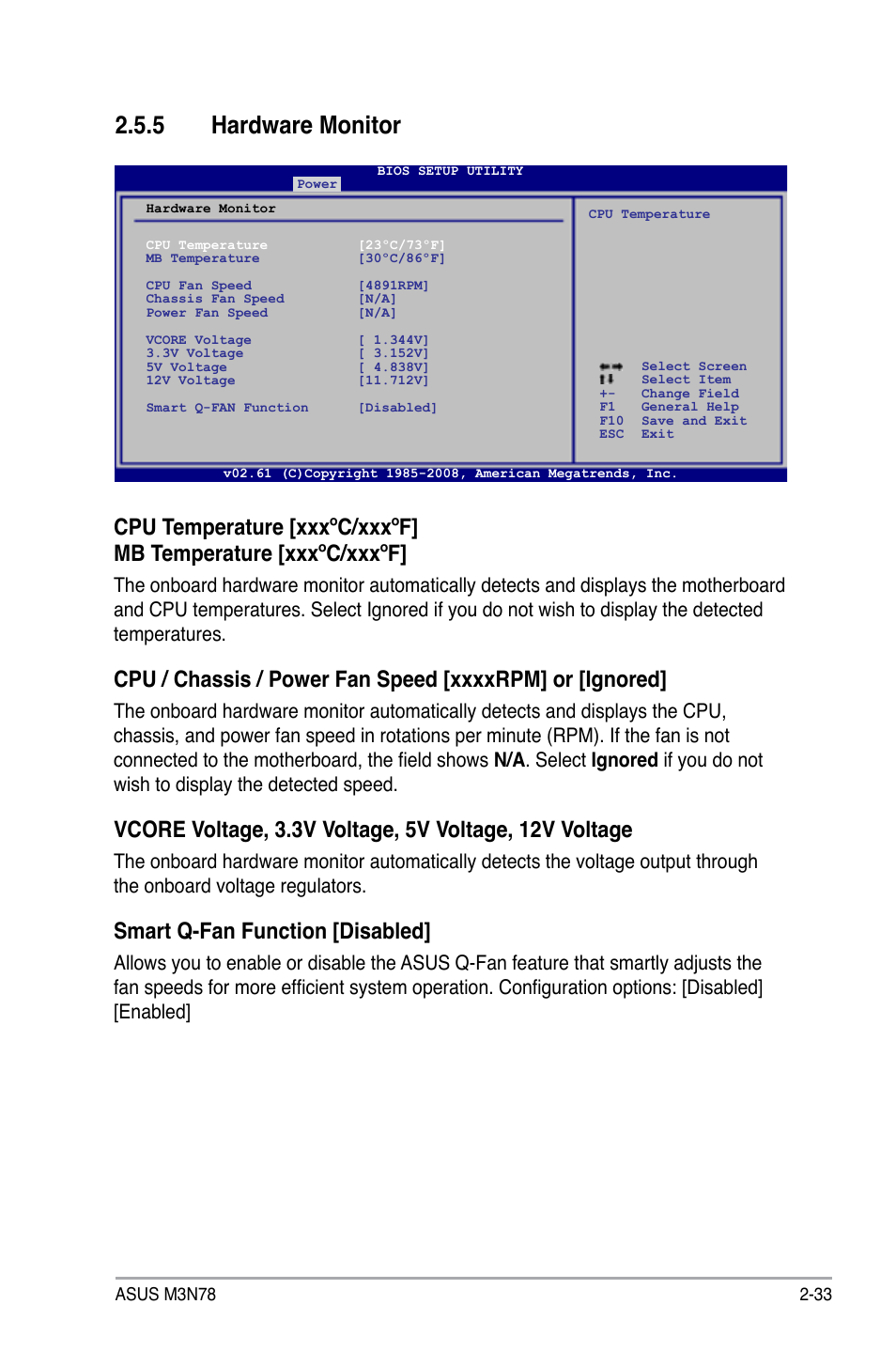 5 hardware monitor, Hardware monitor -33, Smart q-fan function [disabled | Asus M3N78 User Manual | Page 79 / 100