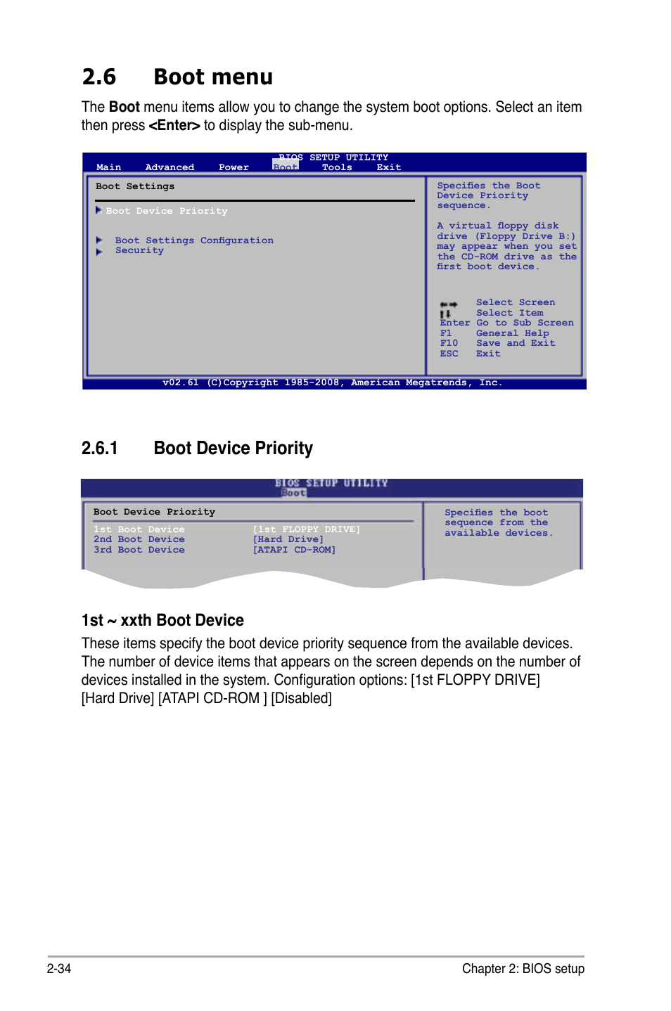 6 boot menu, 1 boot device priority, Boot menu -34 2.6.1 | Boot device priority -34, 1st ~ xxth boot device | Asus M3N78 User Manual | Page 80 / 100