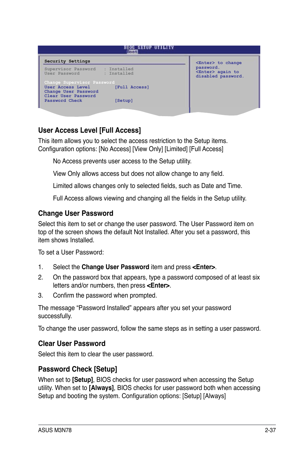 User access level [full access, Change user password, Clear user password | Password check [setup | Asus M3N78 User Manual | Page 83 / 100