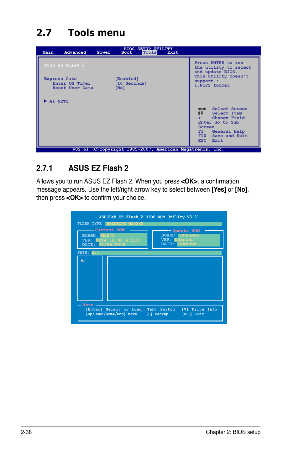 7 tools menu, 1 asus ez flash 2, Tools menu -38 2.7.1 | Asus ez flash 2 -38, 38 chapter 2: bios setup | Asus M3N78 User Manual | Page 84 / 100