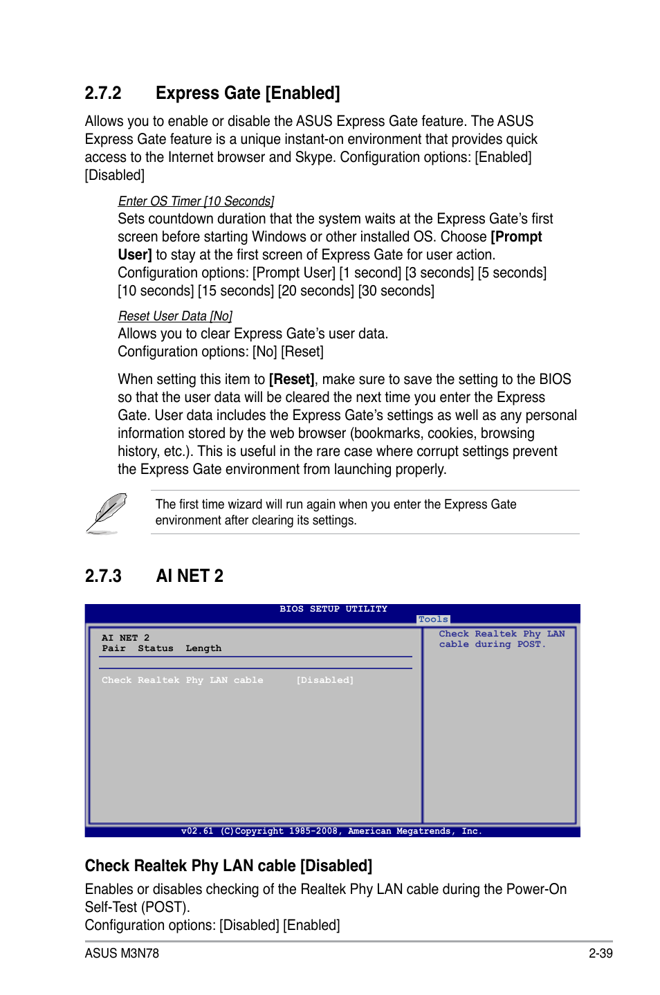 2 express gate, 3 ai net 2, Express gate -39 | Ai net 2 -39, 2 express gate [enabled, Check realtek phy lan cable [disabled | Asus M3N78 User Manual | Page 85 / 100