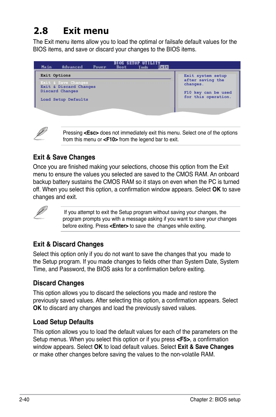 8 exit menu, Exit menu -40, Exit & discard changes | Discard changes, Load setup defaults, Exit & save changes | Asus M3N78 User Manual | Page 86 / 100